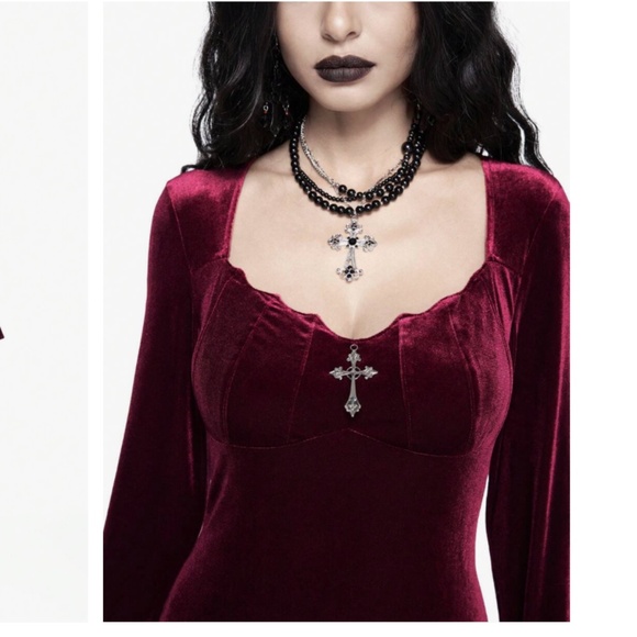 NWOT Burgundy Velvet Gothic Elegant Fitted Mermaid Maxi dress & lace trim - Picture 2 of 4